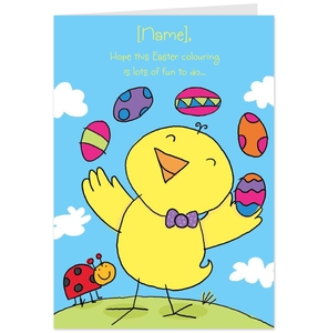 Hallmark Easter Card with a Chick Juggling Eggs