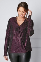 Womens Wrap Bubble Hem Sequin Jersey Top