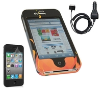 Black Orange FLAME Hybrid Case LCD Screen Protector Car Charger - Apple iPhone 4