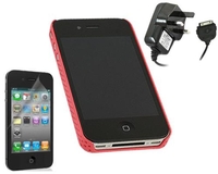 Red Mesh NET Case LCD Screen Protector Mains Charger Apple iPhone 4
