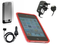 Solid Red WAVE Case LCD Protector Car Mains Charger Apple iPod Touch 4