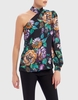 Forever Unique Asymetric One Shoulder Black Floral Blouse With Collar Detail - 8,  Multi