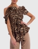 Forever Unique Asymmetric Leopard Print One Sleeve Ruffle Top - L