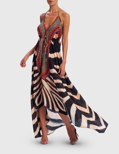 Forever Unique Zebra Print Embellished Asymmetric Maxi Beach Dress - S