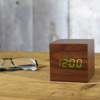 Click Cube Walnut Clock Green LED