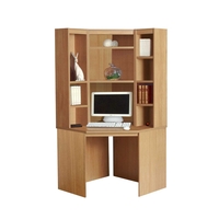 R White Corner Desk with Overshelving 3 Fixed Shelves,  Beech