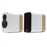 Q Acoustics Concept 300 Gloss White / Oak Bookshelf Speakers (Pair) w/ Tripod Speaker Stands