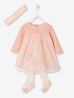 Baby Voile & Tulle Dress,  Headband & Tights Outfit Set pink light solid with design