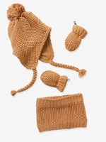 Beanie + Snood + Mittens Set for Baby Girls,  Oeko Tex® camel
