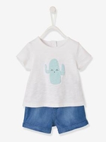 Cactus T-Shirt + Denim Shorts Ensemble for Baby Boys white light solid with design