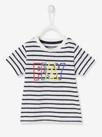 Short-Sleeved T-Shirt with Message for Baby Boys blue dark striped