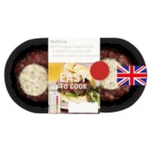Waitrose Easy To Cook 2 beef burgers topped with a cheese & onion melt