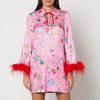 Kitri Carlotta Printed Feather-Trimmed Satin Mini Dress - UK 14