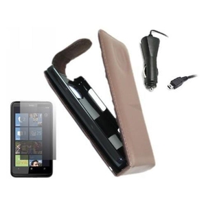 Brown Clip On Flip Case LCD Screen Protector Car Charger - HTC HD 7