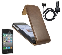Brown Clip On Flip Case LCD Screen Protector Car Charger Apple iPhone 4