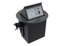 VISION TECHCONNECT V2 TILT MOTORIZED TABLE-MOUNTED AV FACEPLATE Modular connectivity for audio-visual installations,  210mm Cut-out diameter,  Modules Included: Power socket,  2 x VGAF with 3.5mm Minijack,  2 x RJ45 Ethernet,  2 x Blanks