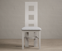 Painted Soft White Flow Back Dining Chairs with Light Grey Fabric Seat Pad