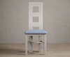 Painted Soft White Flow Back Dining Chairs with Sky Blue Fabric Seat Pad