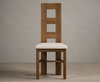 Rustic Solid Oak Flow Back Dining Chairs with Linen Fabric Seat Pad
