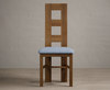 Rustic Solid Oak Flow Back Dining Chairs with Sky Blue Fabric Seat Pad