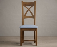 Rustic Solid Oak X Back Dining Chairs with Sky Blue Fabric Seat Pad