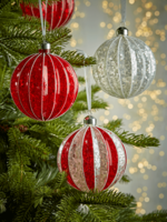 Four Large Mercuried Glass Baubles - Red Stripe