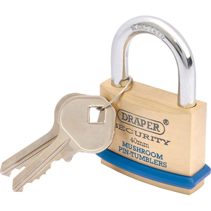 Draper 40mm Solid Brass Padlock & 2 Keys With Mushroom Pin Tumblers Hardened Steel Shackle & Bumper