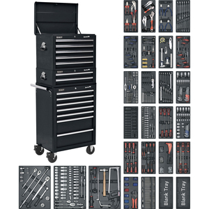 Sealey 14 Drawer Roller Cabinet,  Middle & Top Chest & 1179 Piece Tool Kit Black