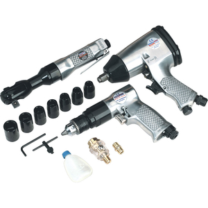Sealey 3 Piece Air Tool Set Wrench / Ratchet / Drill with Accessories 4cfm