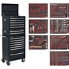 Sealey Superline Pro 14 Drawer Roller Cabinet,  Mid & Top Tool Chests + 446 Piece Tool Kit Black