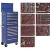 Sealey Superline Pro 14 Drawer Roller Cabinet,  Mid & Top Tool Chests + 446 Piece Tool Kit Blue