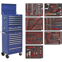 Sealey Superline Pro 14 Drawer Roller Cabinet,  Mid & Top Tool Chests + 446 Piece Tool Kit Blue