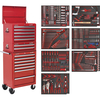 Sealey Superline Pro 14 Drawer Roller Cabinet,  Mid & Top Tool Chests + 446 Piece Tool Kit Red