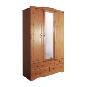 Milford Three Door Five Drawer Mirrored Wardrobe - Pine