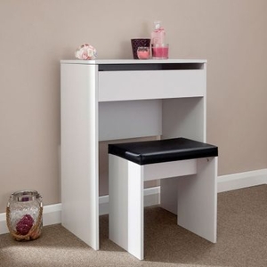 Compact White Mirror Dressing Table & Stool Set