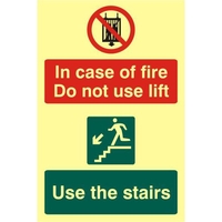 ASEC "In Case Of Fire Do Not Use Lift" 200mm x 300mm PVC Self Adhesive Photo luminescent Sign