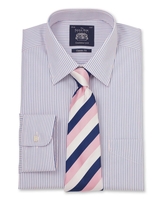 Pink Navy White Fine Stripe Classic Fit Shirt - Single Cuff 15 1/2" Standard Single